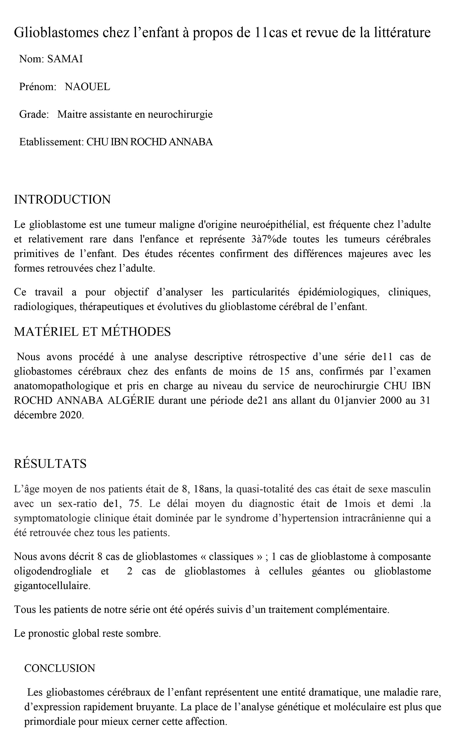 Glioblastomes chez l’enfant à propos de 11cas et revue de la littérature