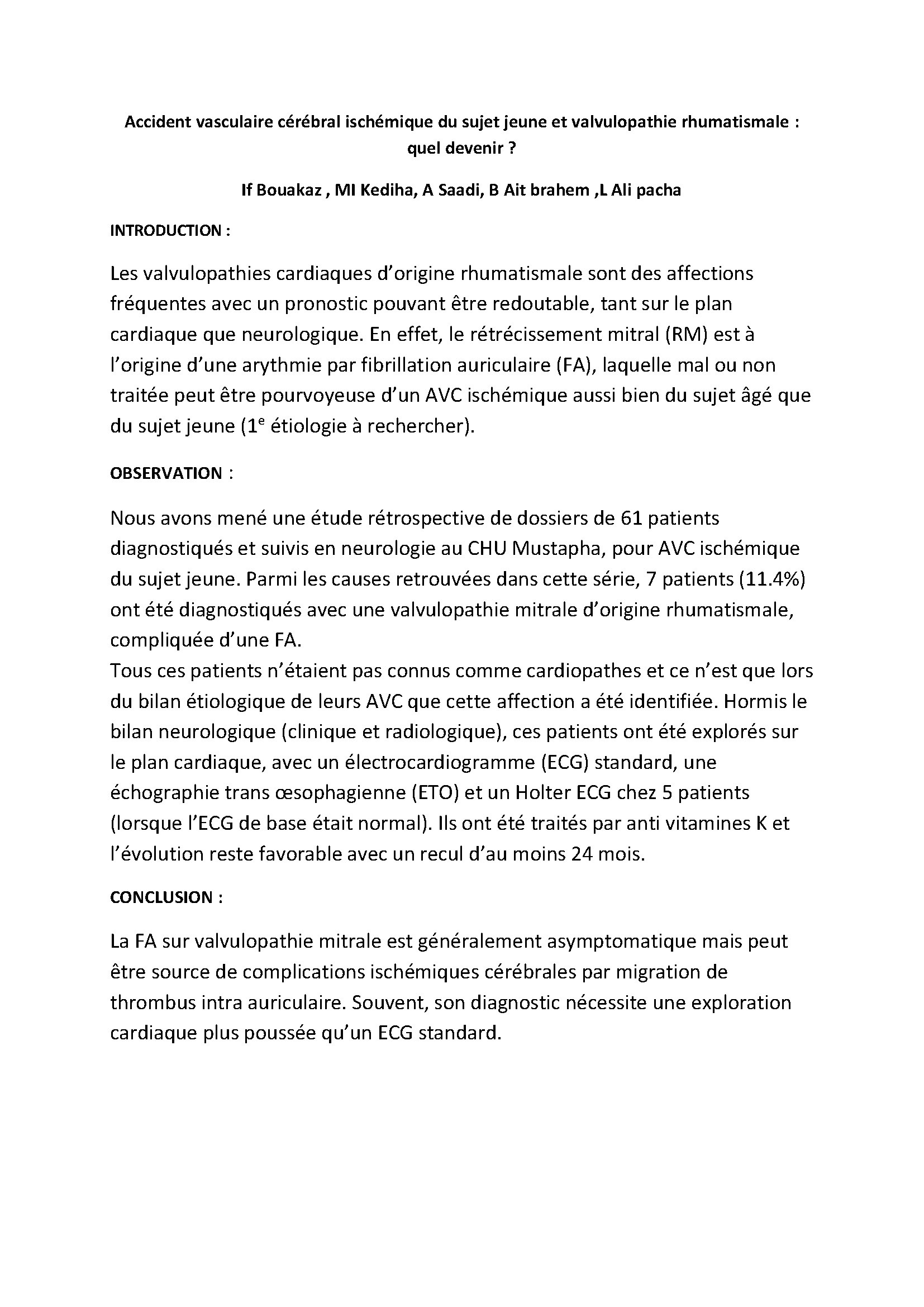 Accident vasculaire cérébral ischémique du sujet jeune et valvulopathie rhumatismale : quel devenir ?