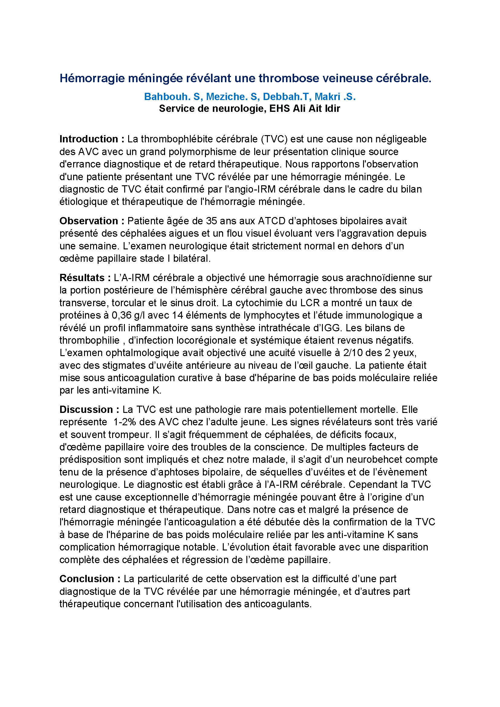 Hémorragie méningée révélant une thrombose veineuse cérébrale