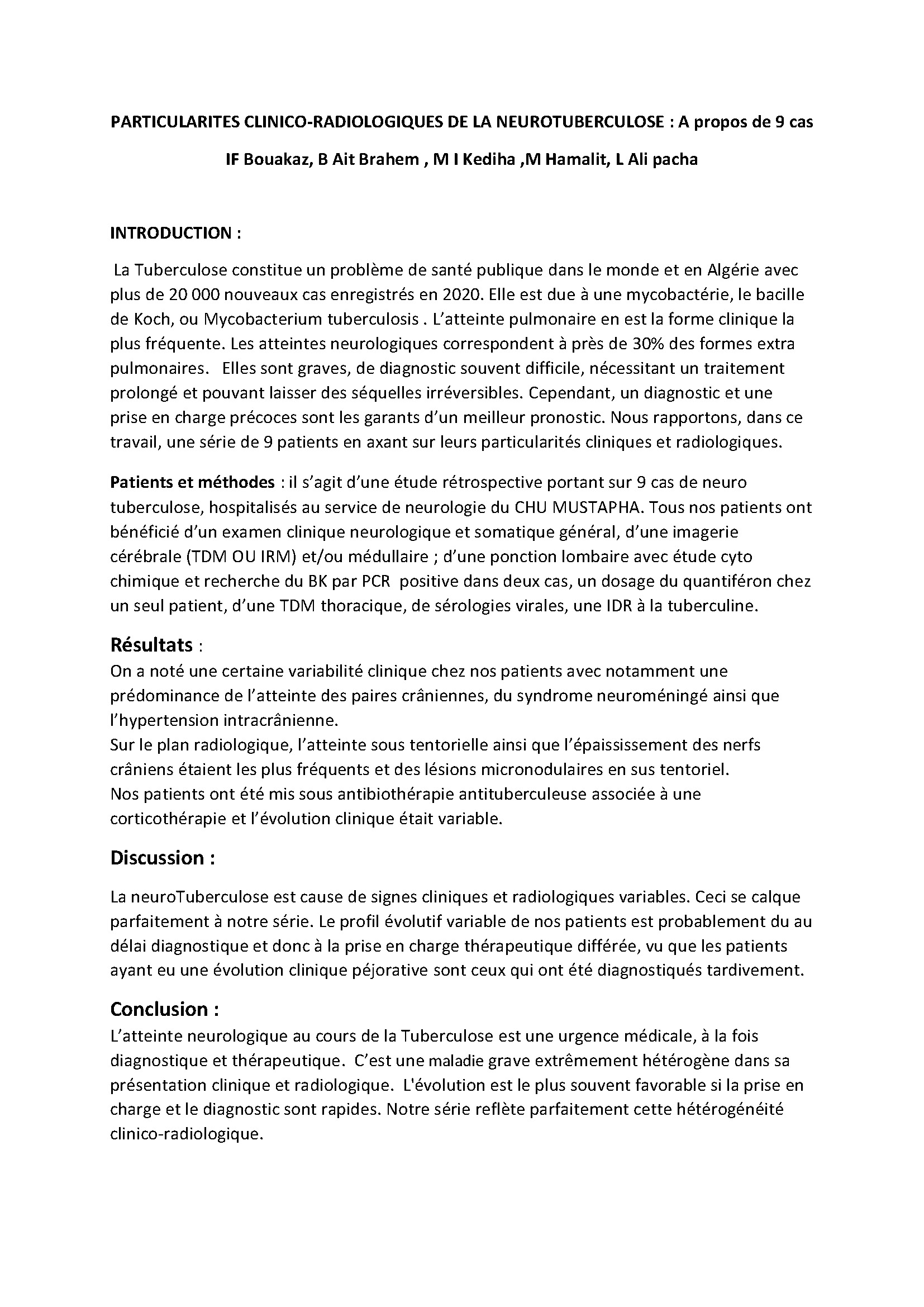 PARTICULARITES CLINICO-RADIOLOGIQUES DE LA NEUROTUBERCULOSE : A propos de 9 cas