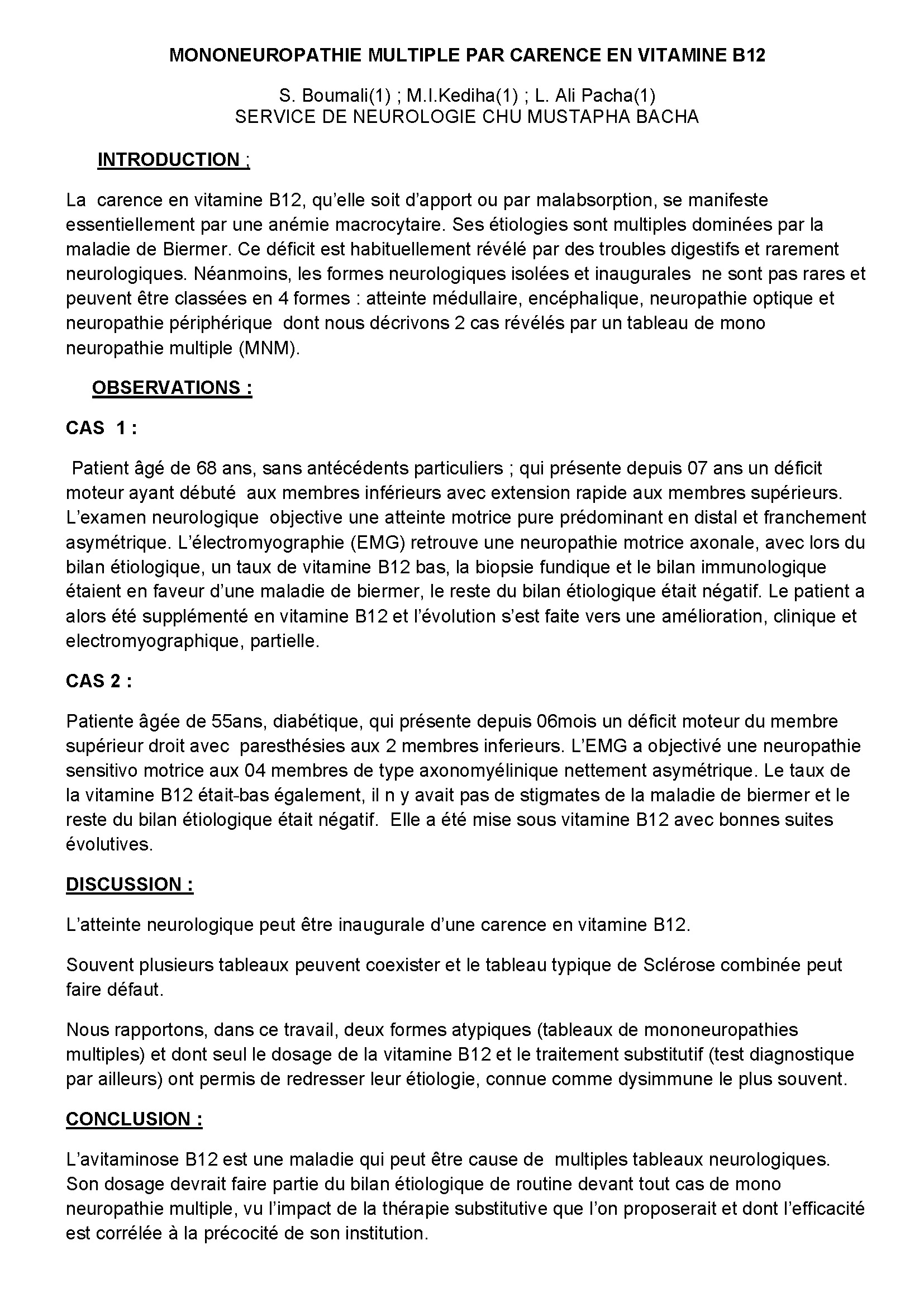 MONONEUROPATHIE MULTIPLE PAR CARENCE EN VITAMINE B12