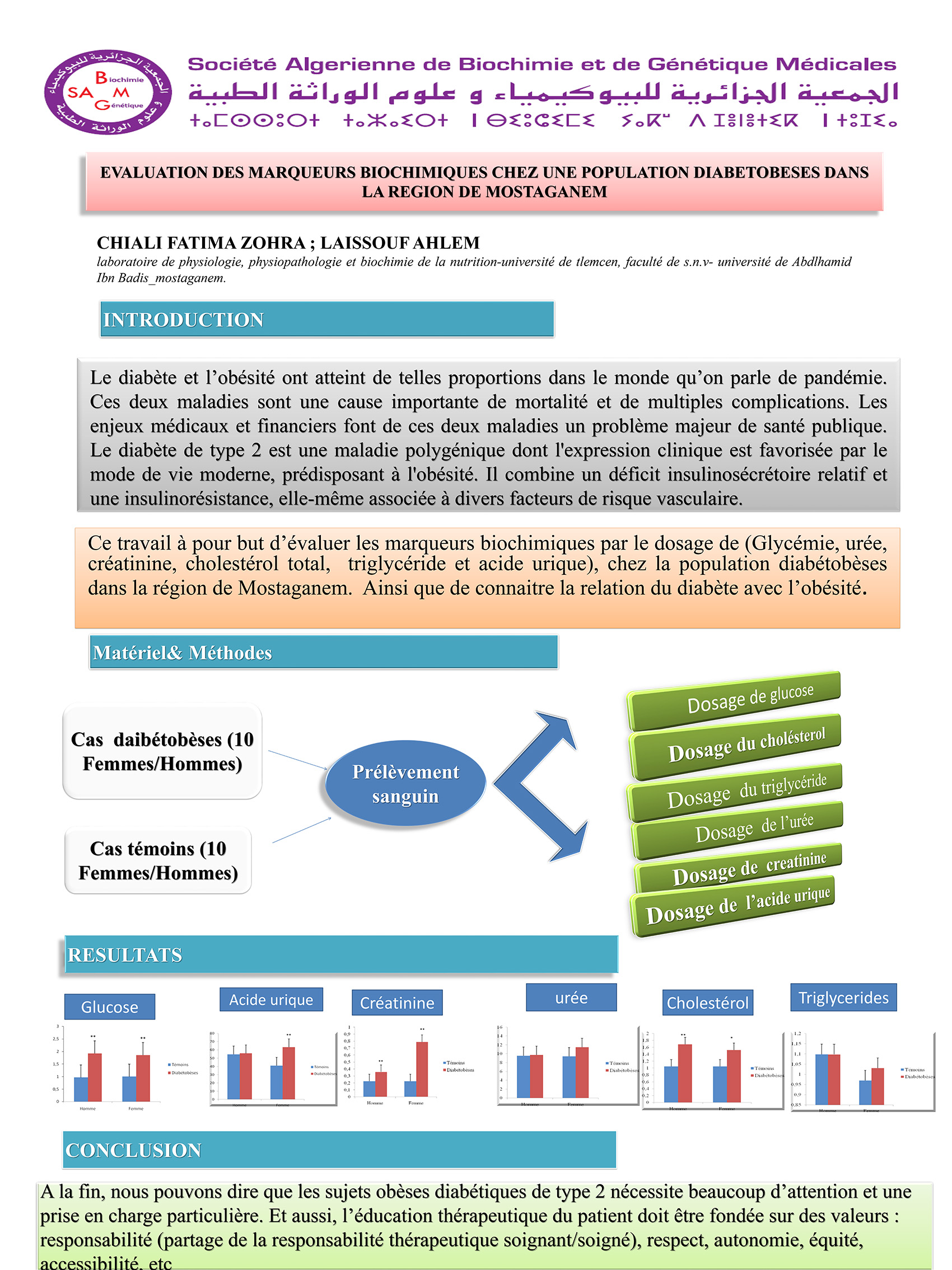 P68 : EVALUATION DES MARQUEURS BIOCHIMIQUES CHEZ UNE POPULATION DIABETOBESES DANS LA REGION DE MOSTAGANEM