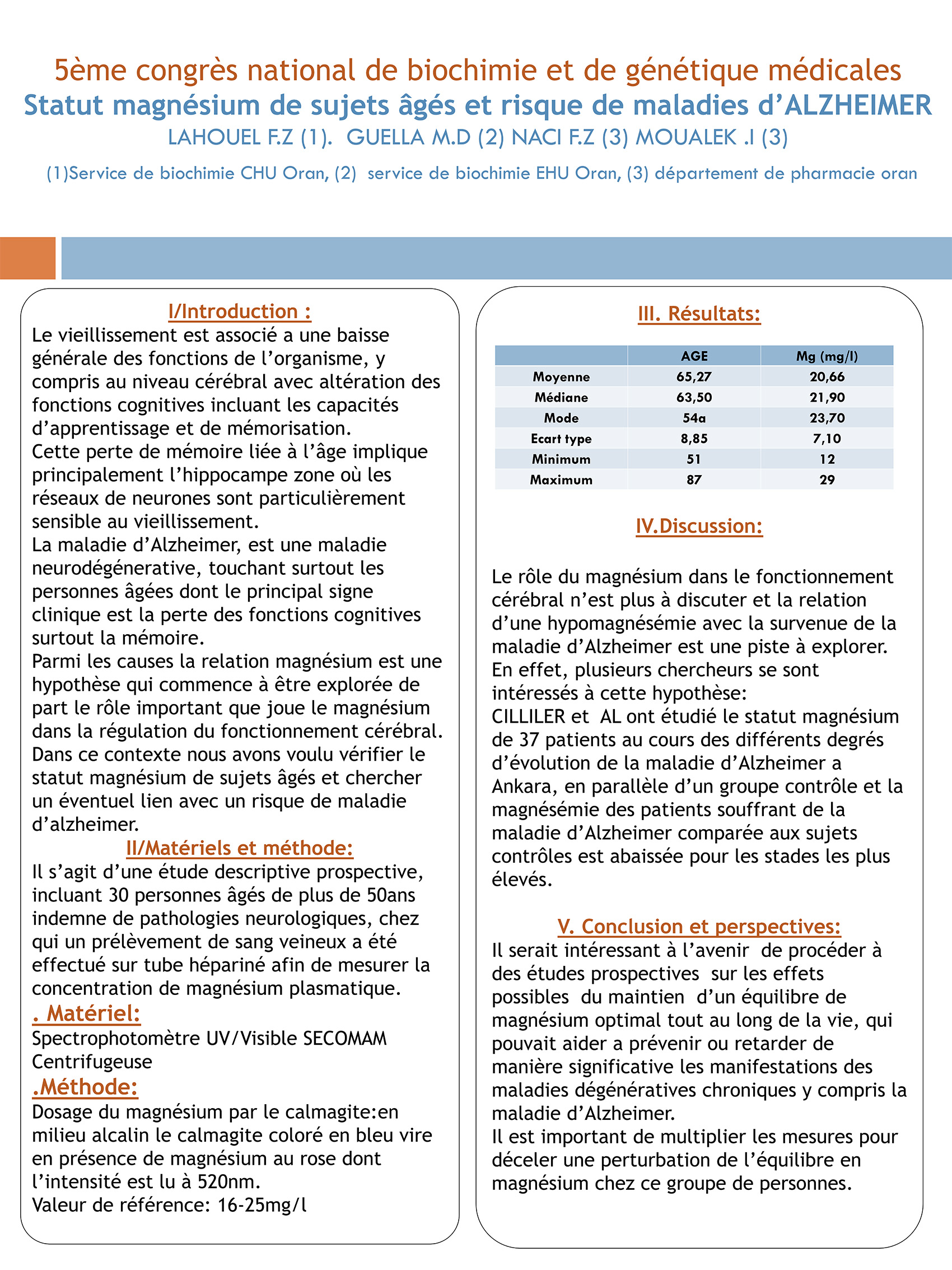 P78-1 : Statut magnésium de sujets âgés et risque de maladies d’ALZHEIMER