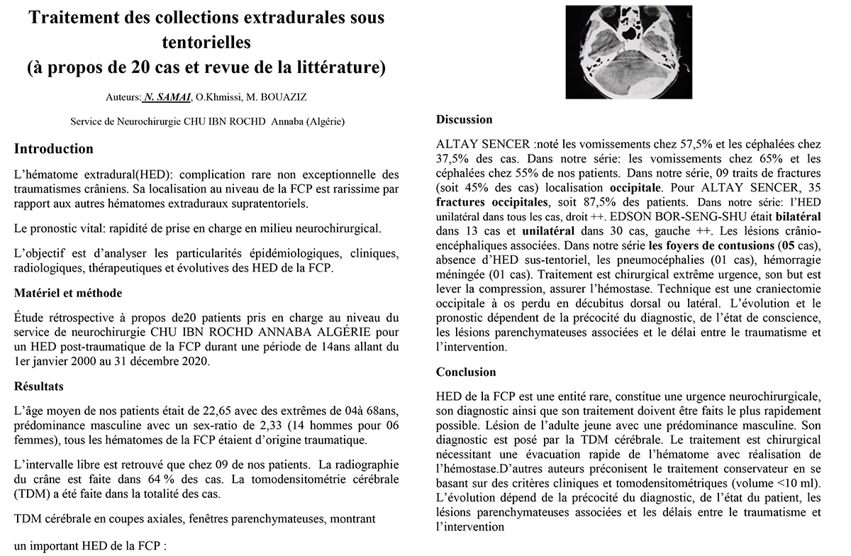 Traitement des collections extradurales sous tentorielles (à propos de 20 cas et revue de la littérature)