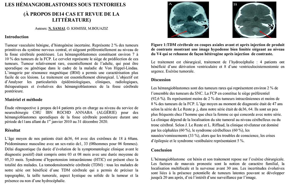LES HÉMANGIOBLASTOMES SOUS TENTORIELS  (À PROPOS DE14 CAS ET REVUE DE LA LITTÉRATURE)