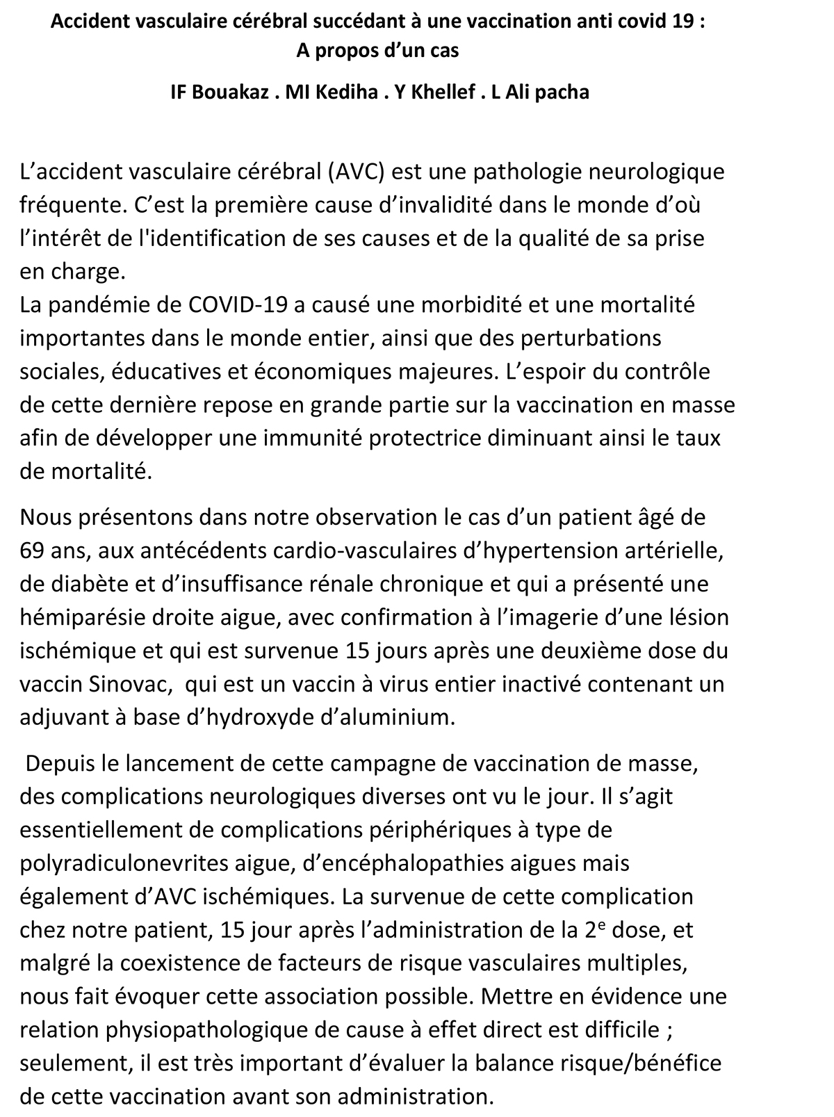 Accident vasculaire cérébral succédant à une vaccination anti covid 19 : A propos d’un cas