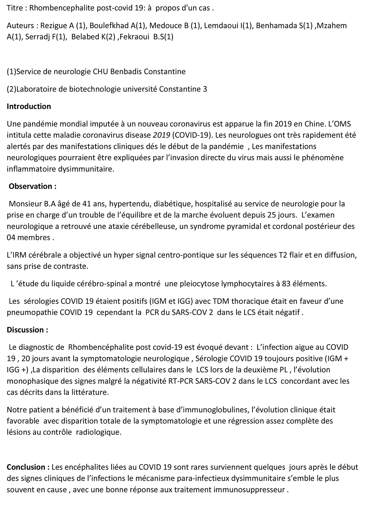 Rhombencephalite post-covid 19: à  propos d'un cas