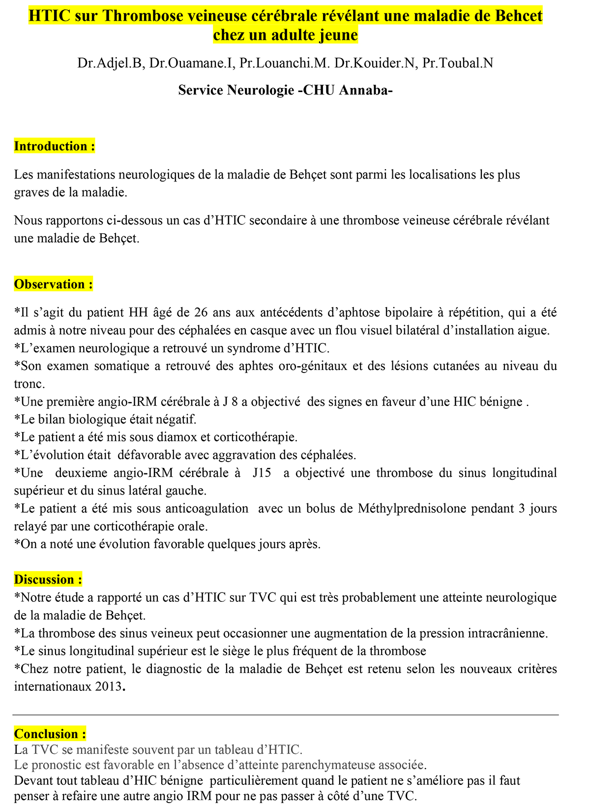 HTIC sur Thrombose veineuse cérébrale révélant une maladie de Behcet chez un adulte jeune