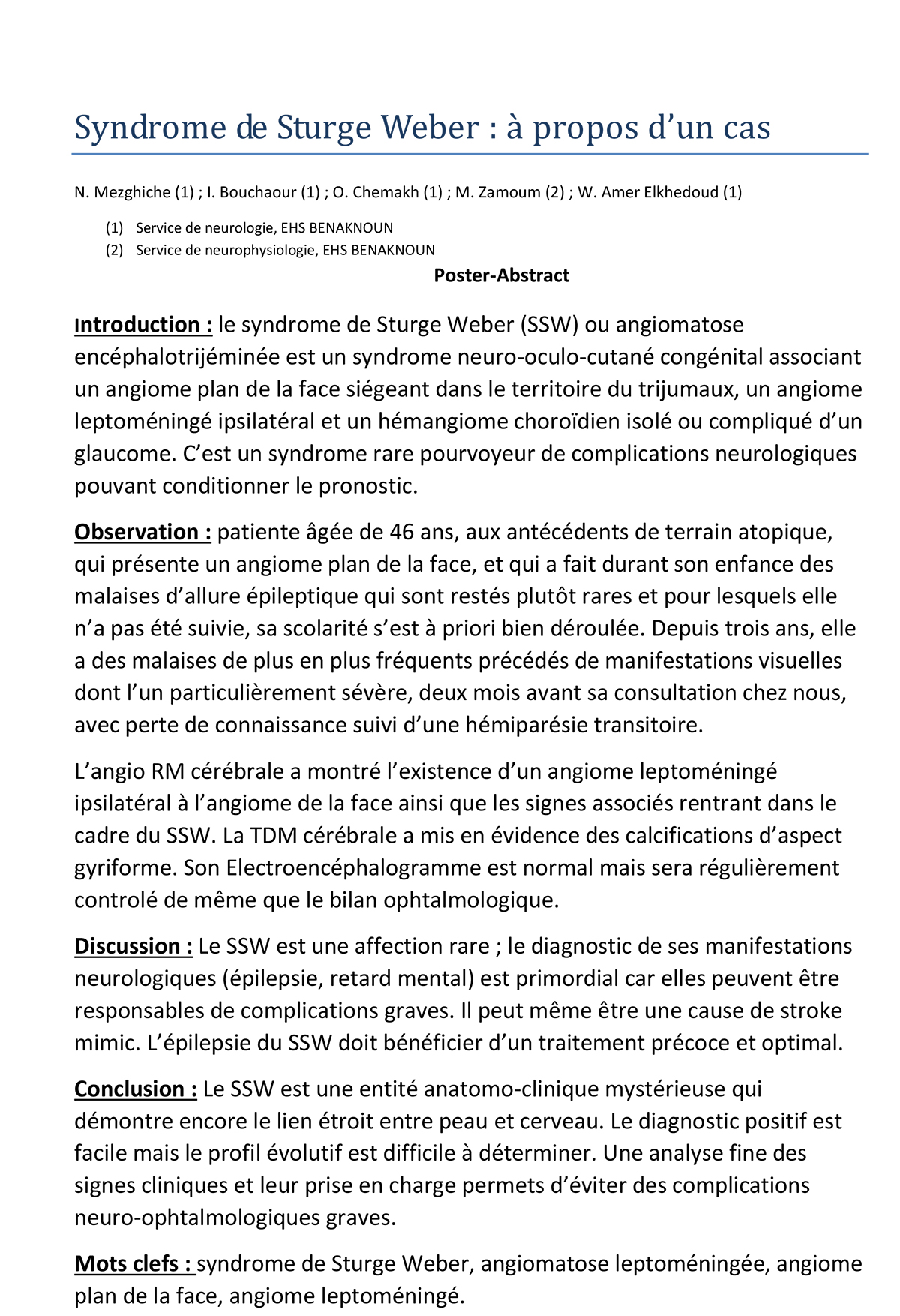 Syndrome de Sturge Weber : à propos d’un cas