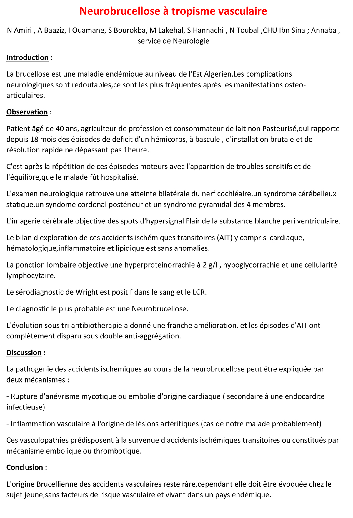 Neurobrucellose à tropisme vasculaire