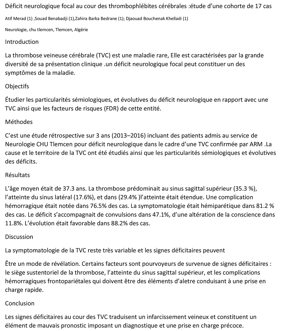Déficit neurologique focal au cour des thrombophlébites cérébrales :étude d’une cohorte de 17 cas