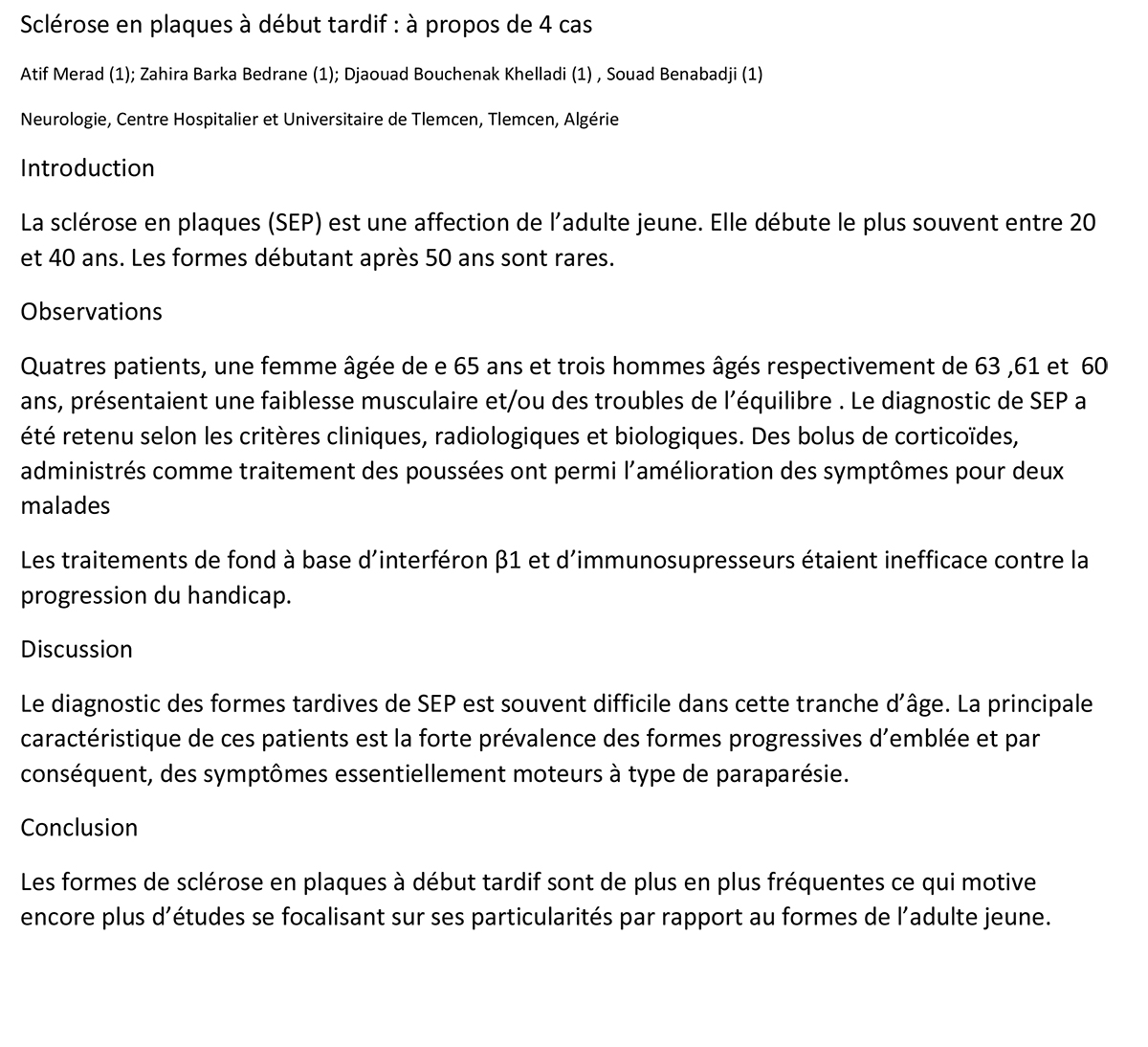 Sclérose en plaques à début tardif : à propos de 4 cas