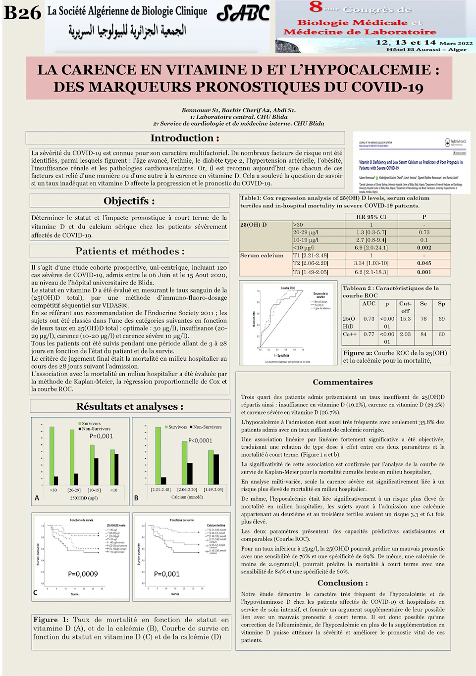 B26: LA CARENCE EN VITAMINE D ET L’HYPOCALCEMIE : DES MARQUEURS PRONOSTIQUES DU COVID-19