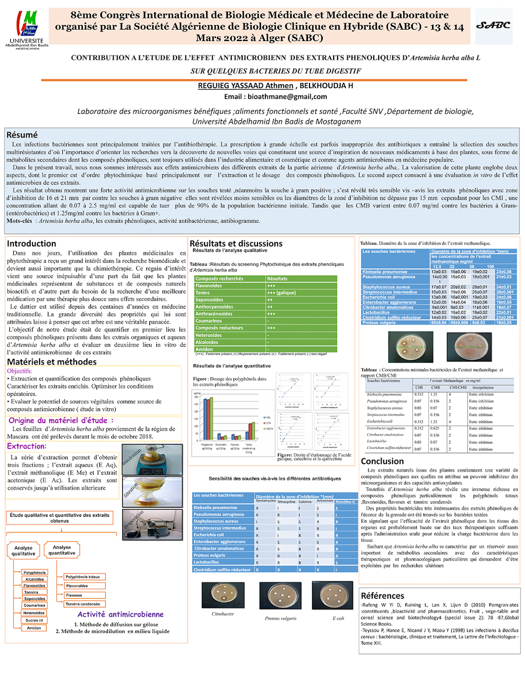 D33: CONTRIBUTION A L’ETUDE DE L’EFFET ANTIMICROBIENN DES EXTRAITS PHENOLIQUES D’Artemisia herba alba L  SUR QUELQUES BACTERIES DU TUBE DIGESTIF