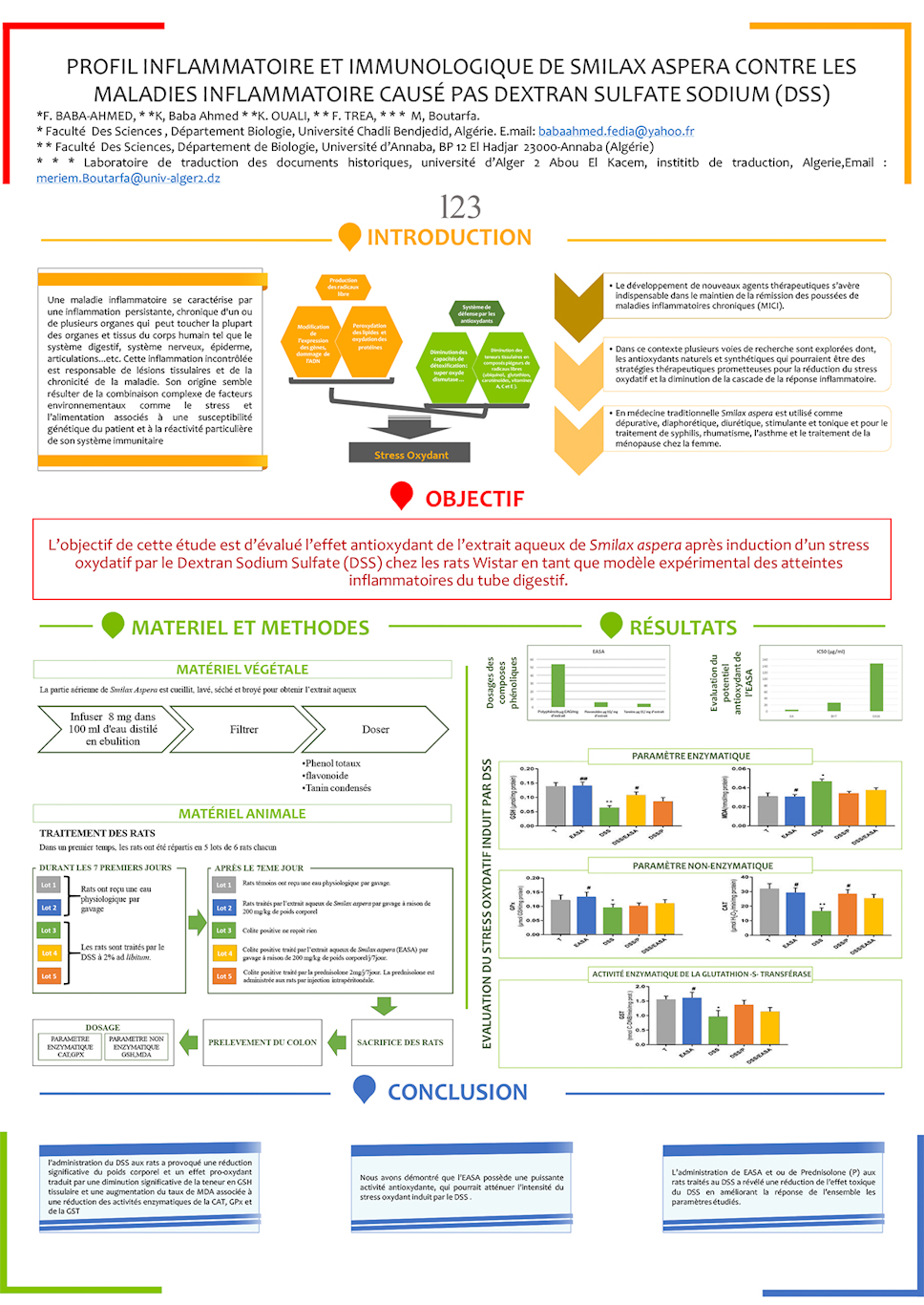I23: PROFIL INFLAMMATOIRE ET IMMUNOLOGIQUE DE SMILAX ASPERA CONTRE LES MALADIES INFLAMMATOIRE CAUSÉ PAS DEXTRAN SULFATE SODIUM (DSS)