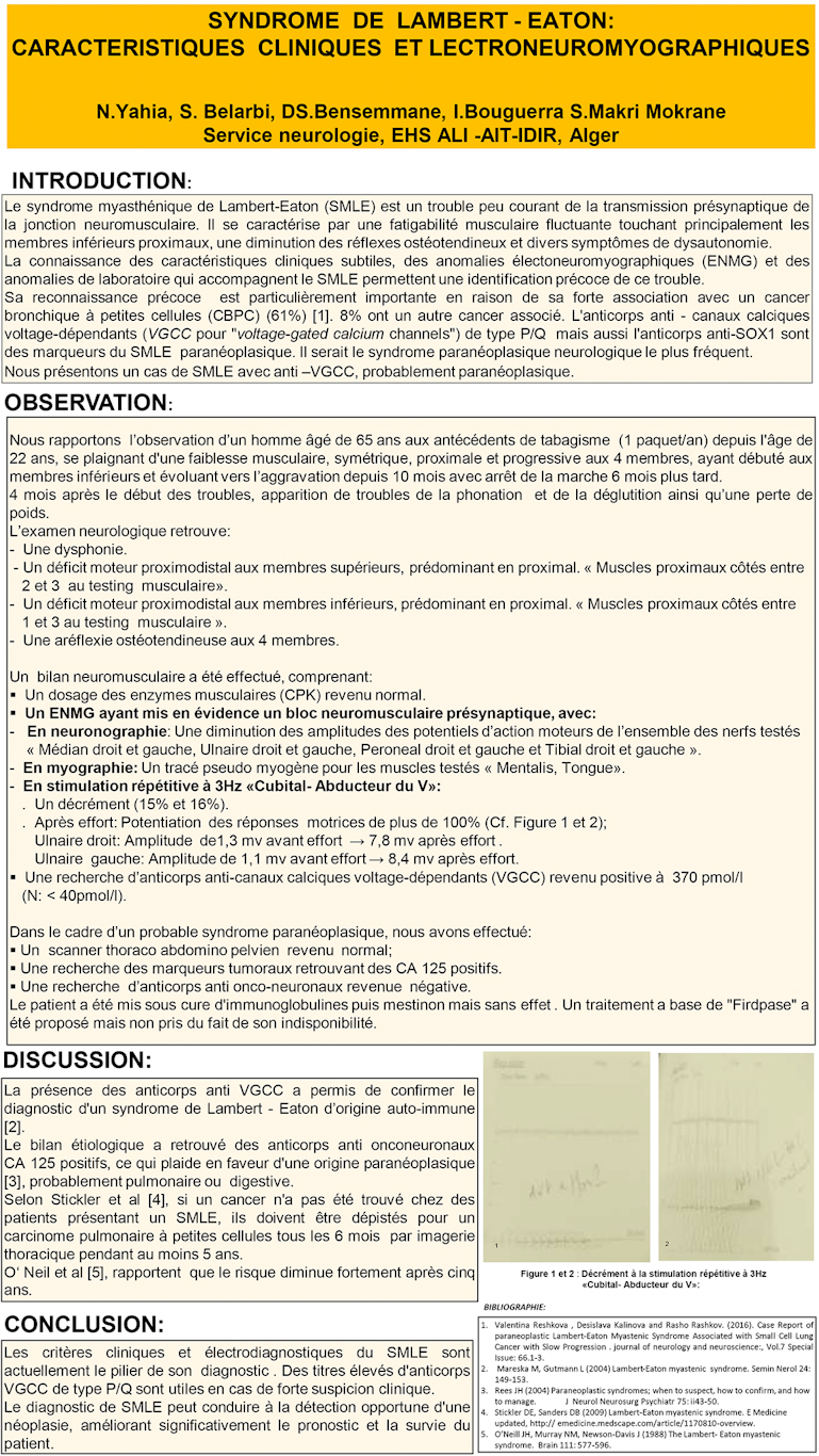 NV-27 Syndrome de LAMBERT-EATON: caractéristiques cliniques et lectroneuromyographiques.