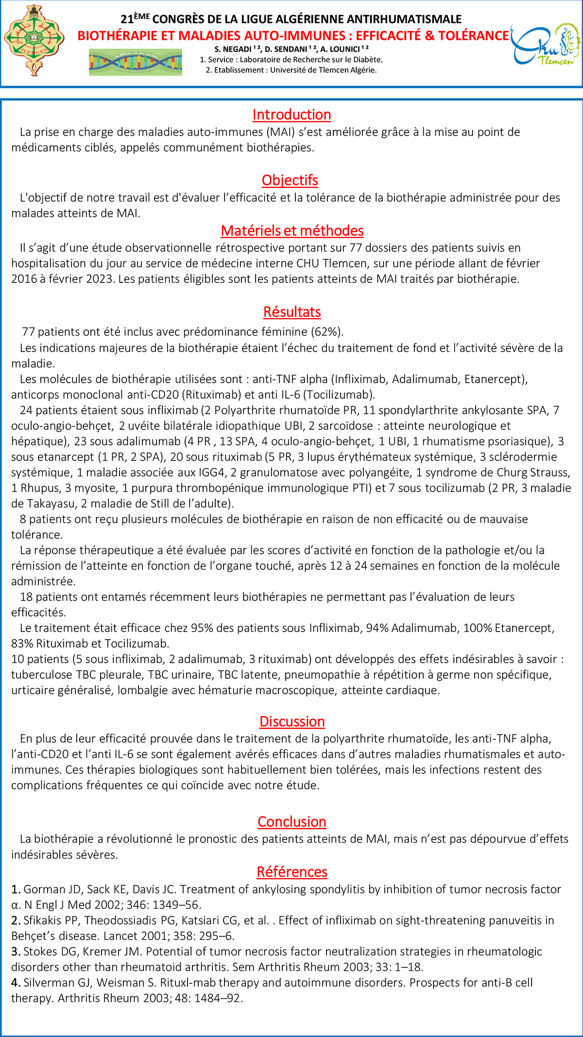 BIOTHÉRAPIE ET MALADIES AUTO-IMMUNES : EFFICACITÉ & TOLÉRANCE