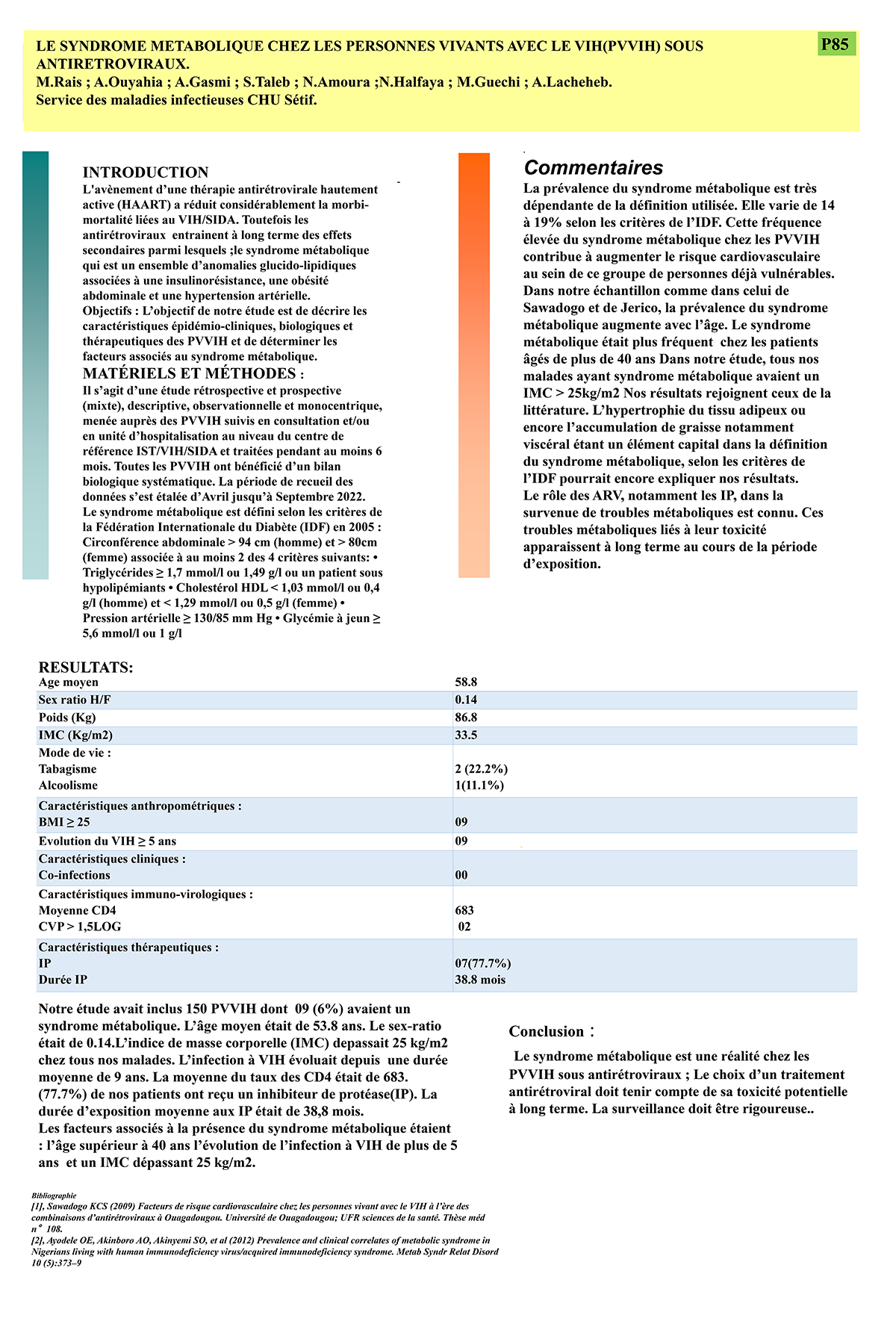 P85 : LE SYNDROME METABOLIQUE CHEZ LES PERSONNES VIVANTS AVEC LE VIH(PVVIH) SOUS ANTIRETROVIRAUX.